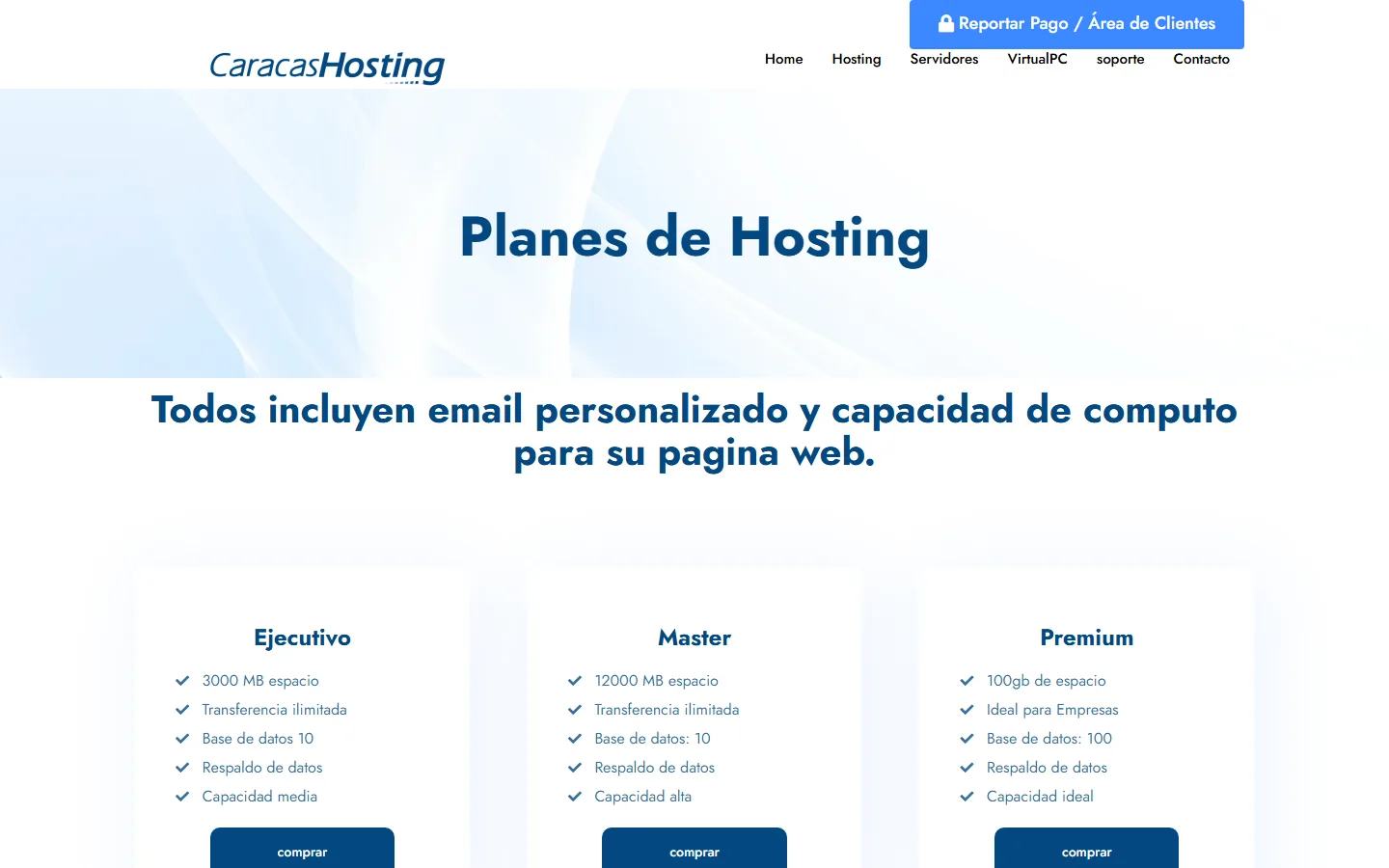 Planes de hosting de CaracasHosting: Ejecutivo, Master y Premium