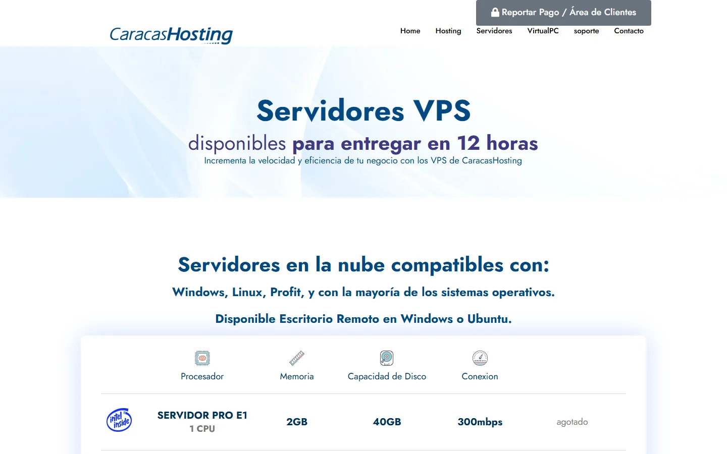 Catálogo de servidores VPS de CaracasHosting con líneas E1 a E8 hasta 64 GB RAM