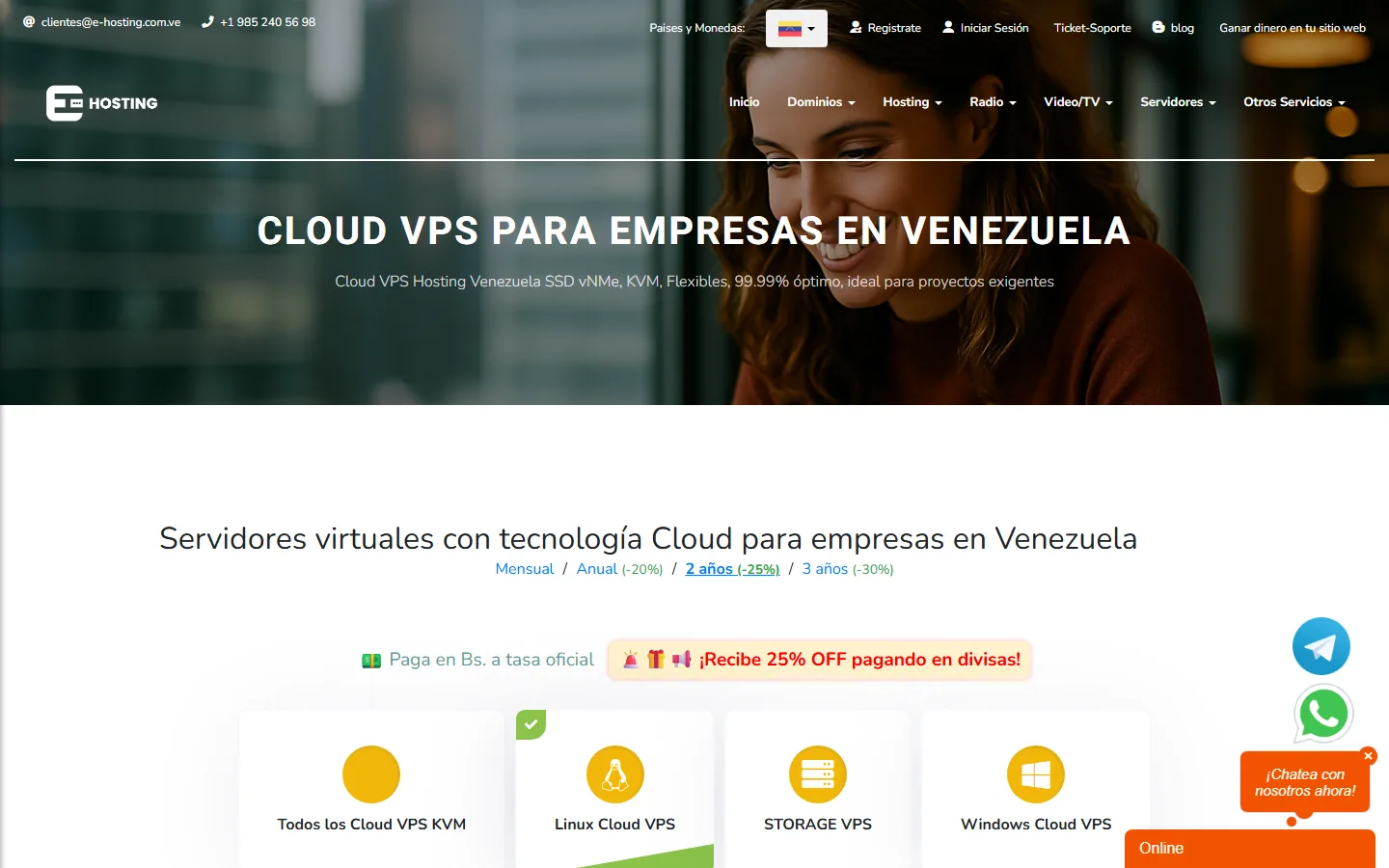 Catálogo Cloud VPS KVM de E-Hosting con variantes Linux, Storage y Windows