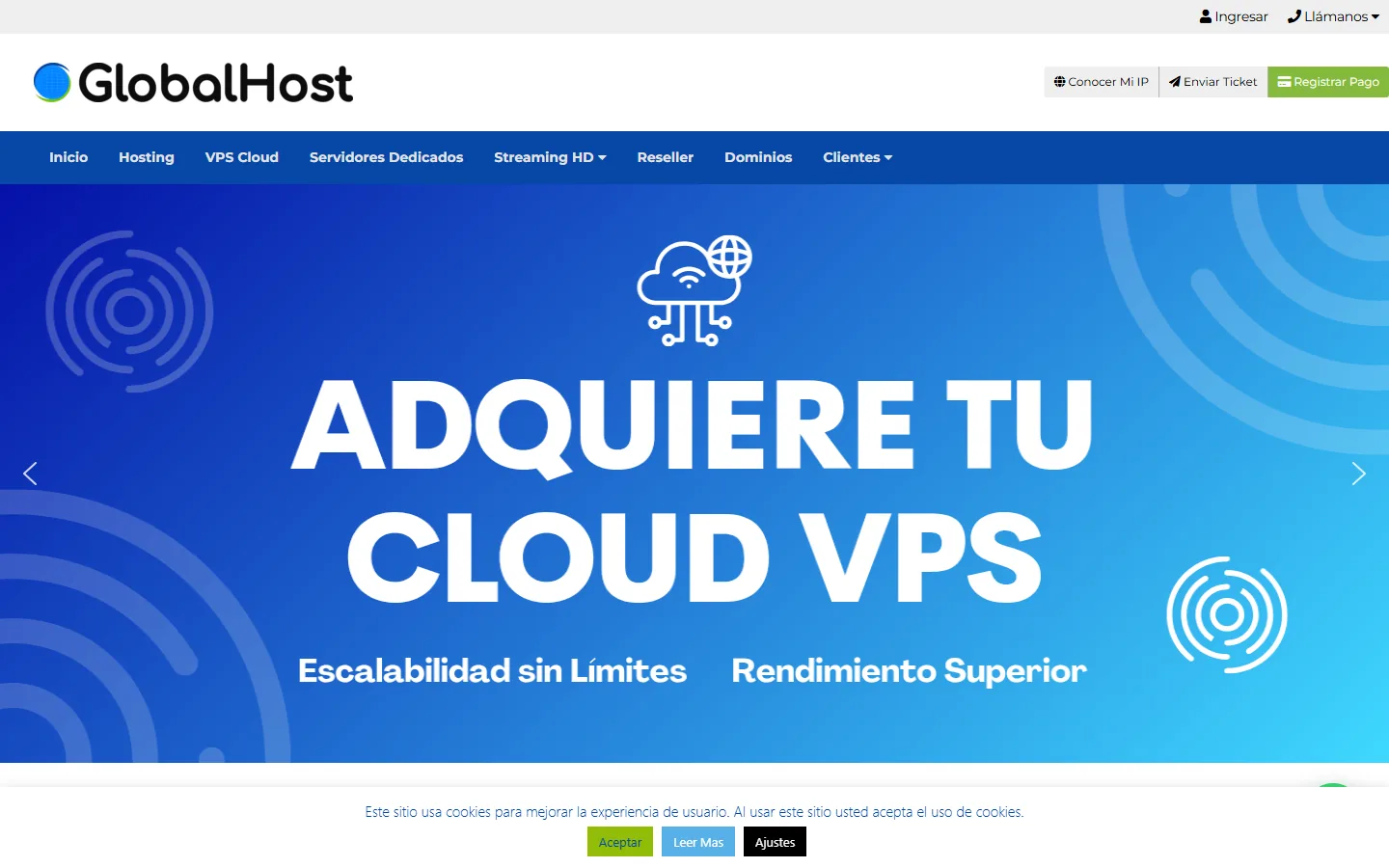 Home de Global Host con catálogo de Hosting, VPS, Dedicados y Streaming HD