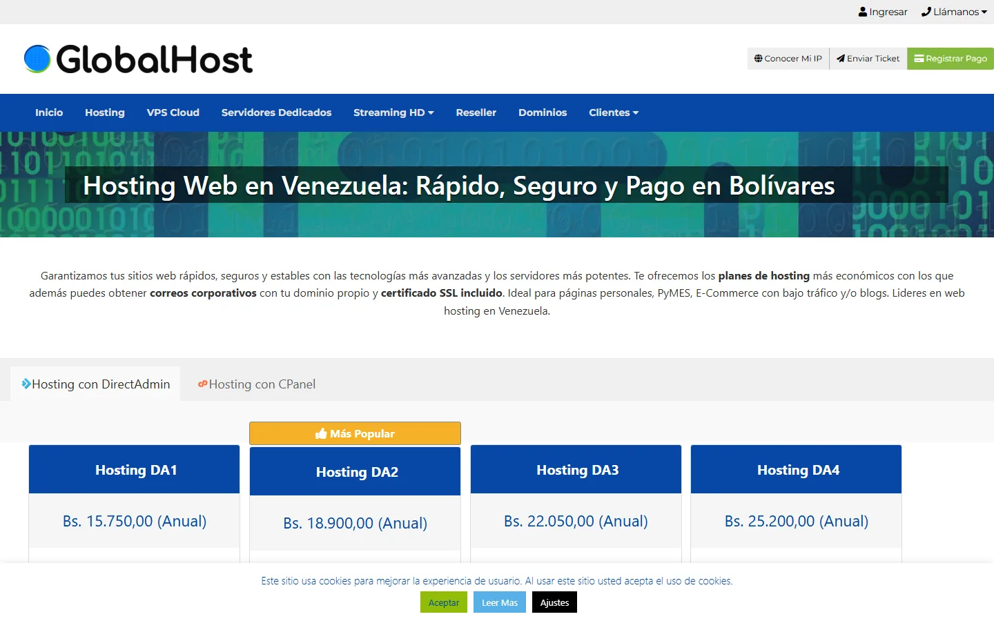 Planes de hosting de Global Host con DirectAdmin (DA1–DA4) y cPanel (CP1–CP4)