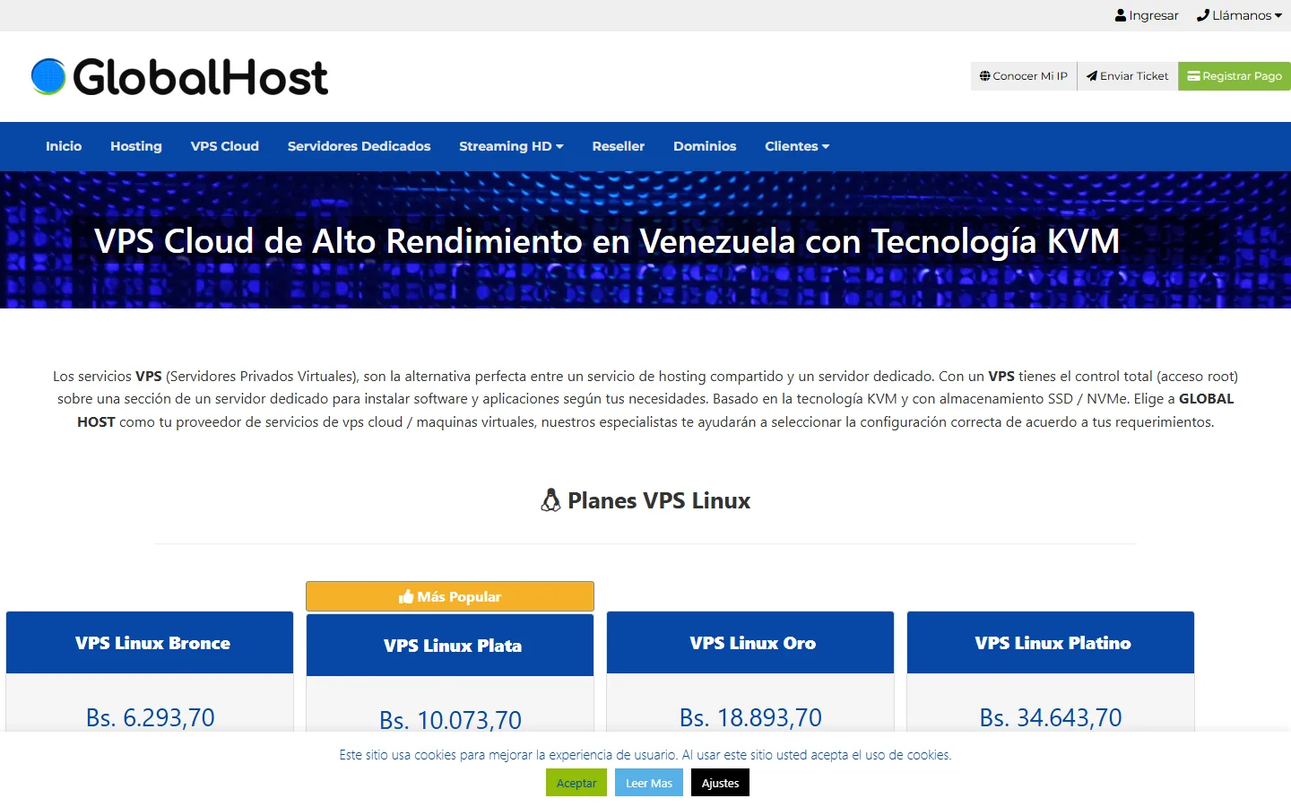 Planes VPS Cloud KVM de Global Host: Bronce, Plata, Oro y Platino con NVMe y 1 Gbps