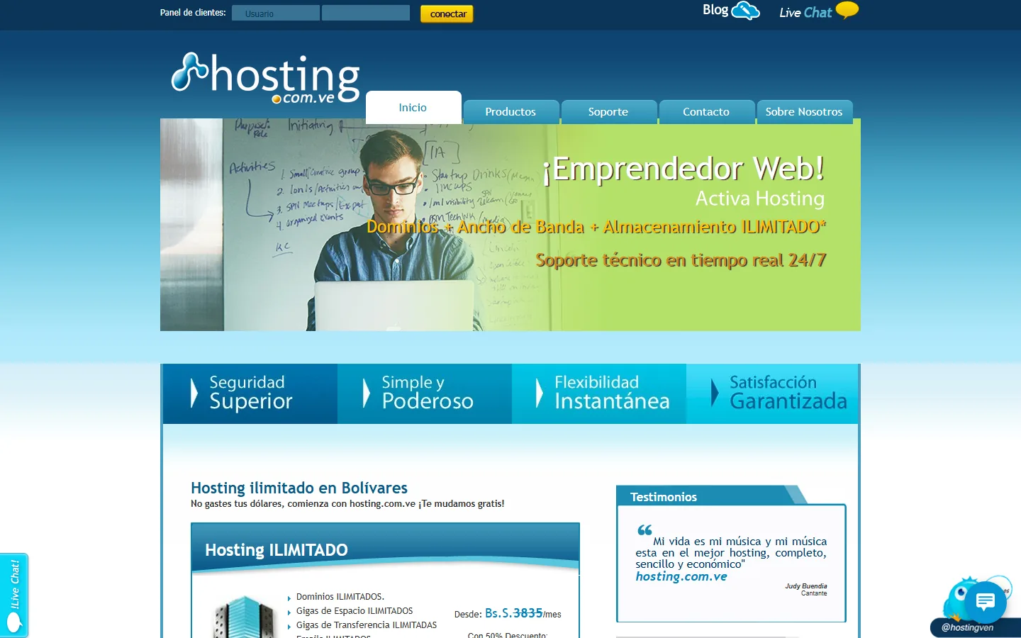 Página de Hosting ILIMITADO en bolívares de Hosting.com.ve con precio Bs.S. 3835/mes