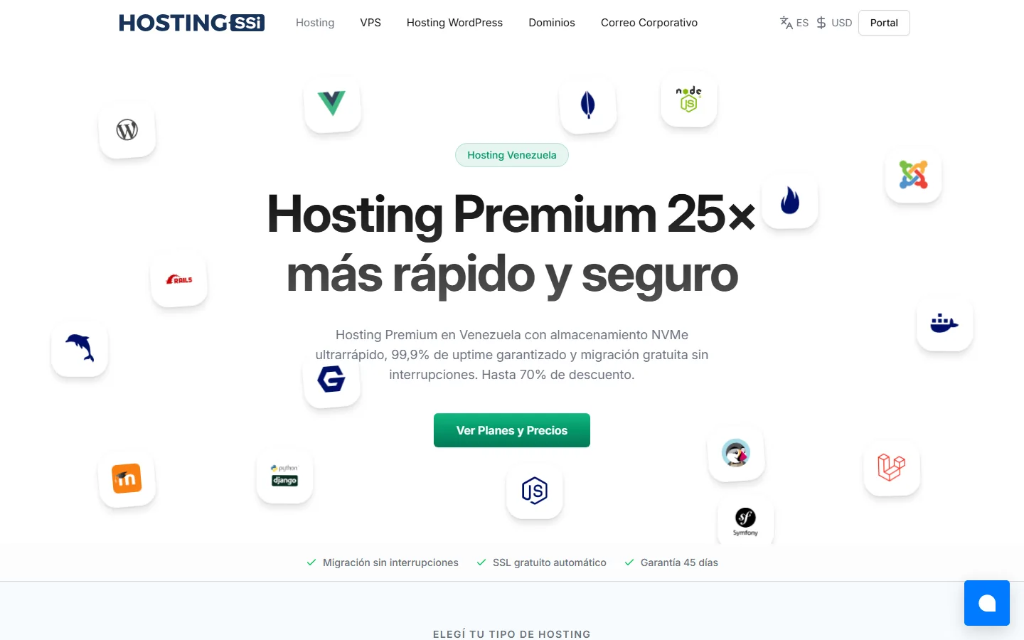 Home de HostingSSi con el hero «Hosting Premium 25× más rápido y seguro»