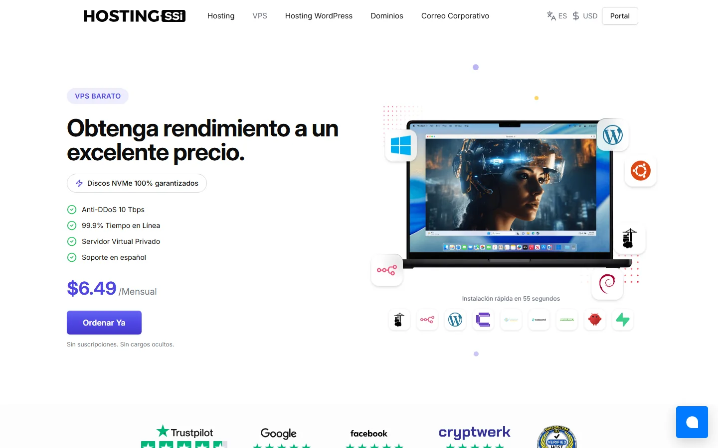 Plan VPS Barato de HostingSSi desde $6.49/mes con anti-DDoS 10 Tbps y NVMe