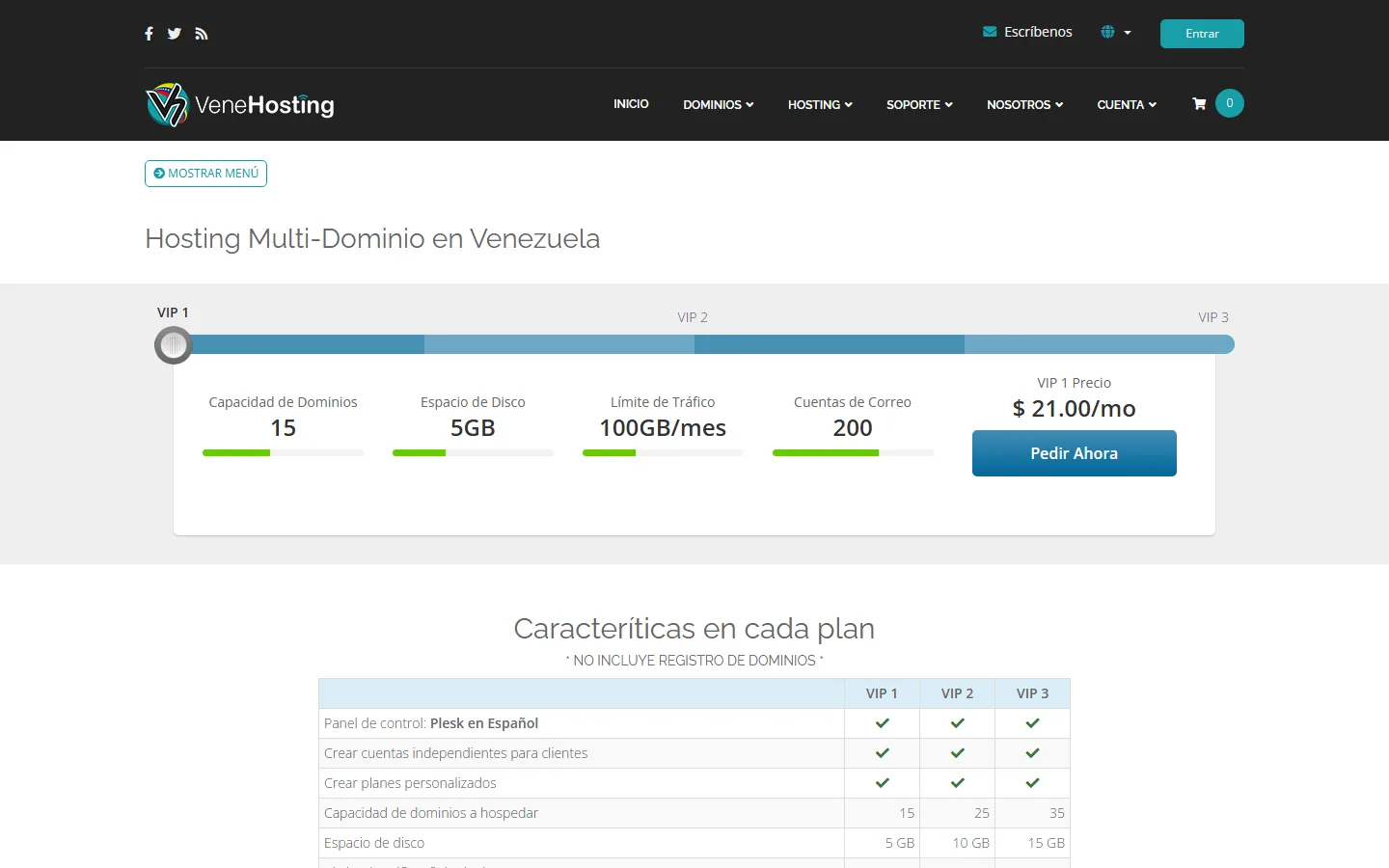 Carro de hosting multi-dominio VeneHosting con planes VIP 1, VIP 2 y VIP 3 desde $21/mes