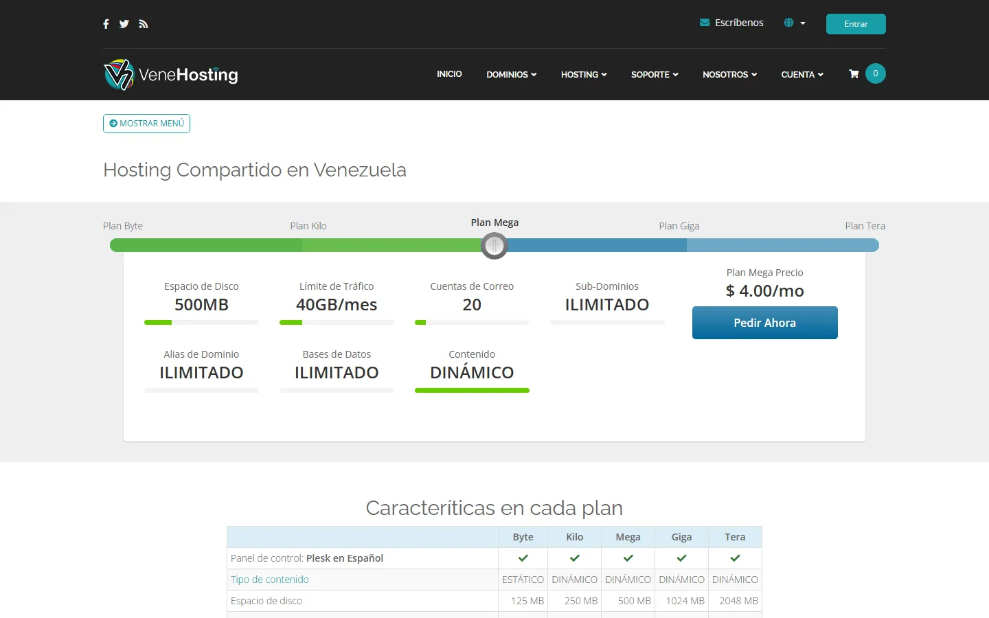 Carro de pedidos de hosting compartido VeneHosting con planes Byte, Kilo, Mega, Giga y Tera y precios en USD