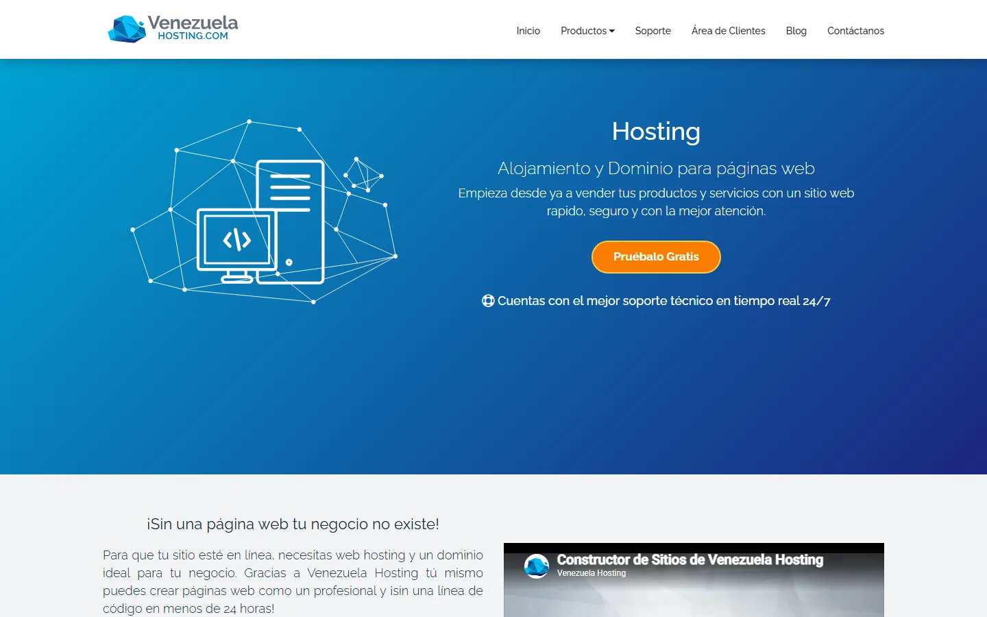 Página de hosting de Venezuela Hosting con tagline soporte técnico 24/7
