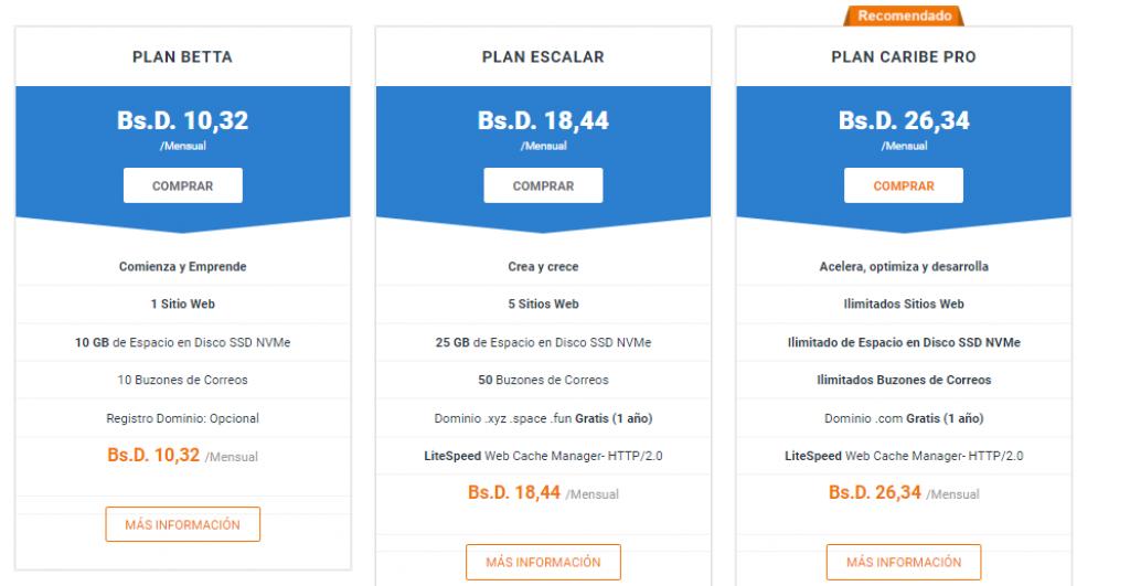 Planes en la pagina web de servicios hosting
