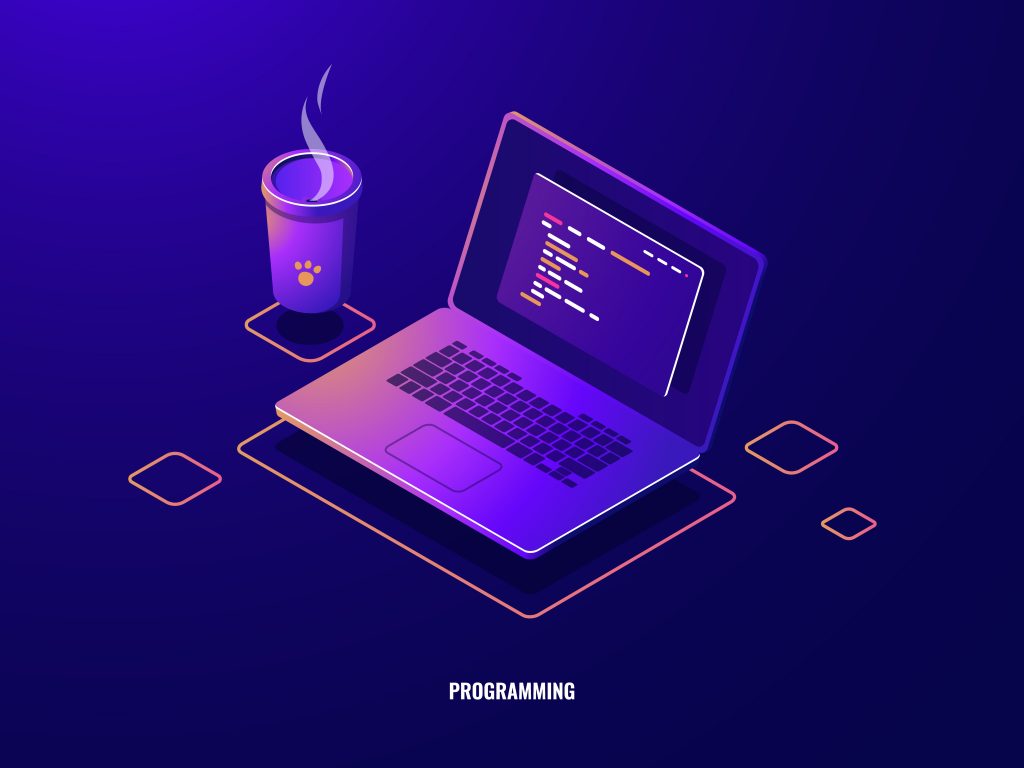 Computadora de programación con un café